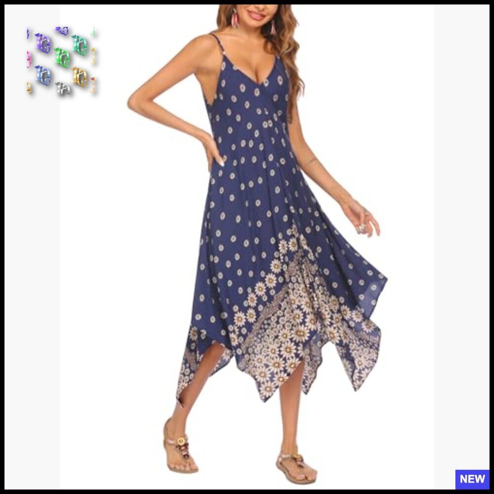 Boho Sundress Spaghetti Strap Cover Up Flowy Midi Beach Vacation Dress - Picture 2 of 7